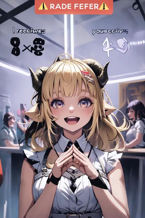 masterpiece, best quality, WatameNightFever, long hair, ahoge, hairclip, sheep horns, sheep ears, white dress, sleeveless, arm band, <lora:WatameNF:1>, TradeOfferMeme, own hands together, <lora:Pos_TradeOfferMeme:0.9>, smile, :D,