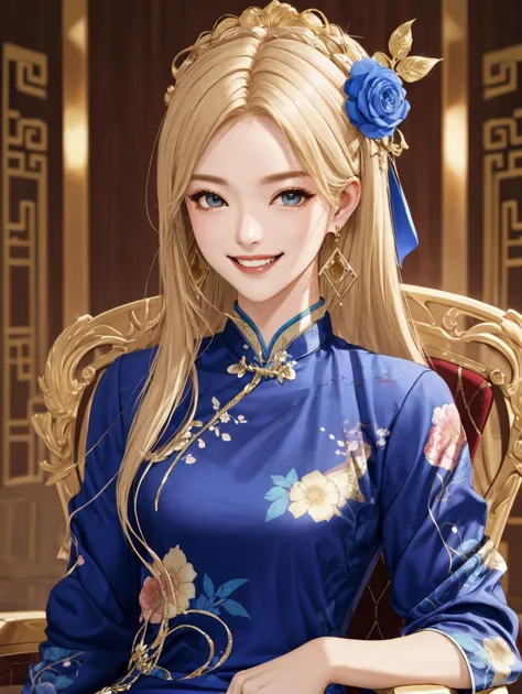 sitting on throne, throne room, centered, lusanna, medium hair, solo, blond, qipao, eyes, earrings, hairpin, woman, wearing a blue dress with floral print, gold, long blonde hair, upper body, <lora:lostark_lusanna:0.6>, IncrsAnyasHehFaceMeme, grin, smug, <lora:Pos_AnyasHehFaceMeme:1>