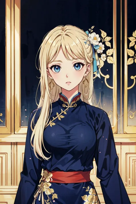 Shojo manga, manga style, cinematic, lusanna, solo, blond, qipao, eyes, earrings, hairpin, woman, wearing a blue dress with floral print, gold, long blonde hair, upper body, <lora:lostark_lusanna:0.5>, in the style of romantic manga