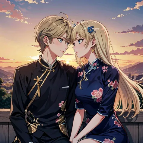 Shojo manga, manga style, cinematic, film grain, two people sitting on a wall at sunset, about to kiss, gorgeous romantic sunset, lusanna, 1girl in love, solo, blond, qipao, eyes, earrings, hairpin, woman, wearing a blue dress with floral print, gold, long blonde hair, upper body, <lora:lostark_lusanna:0.5>