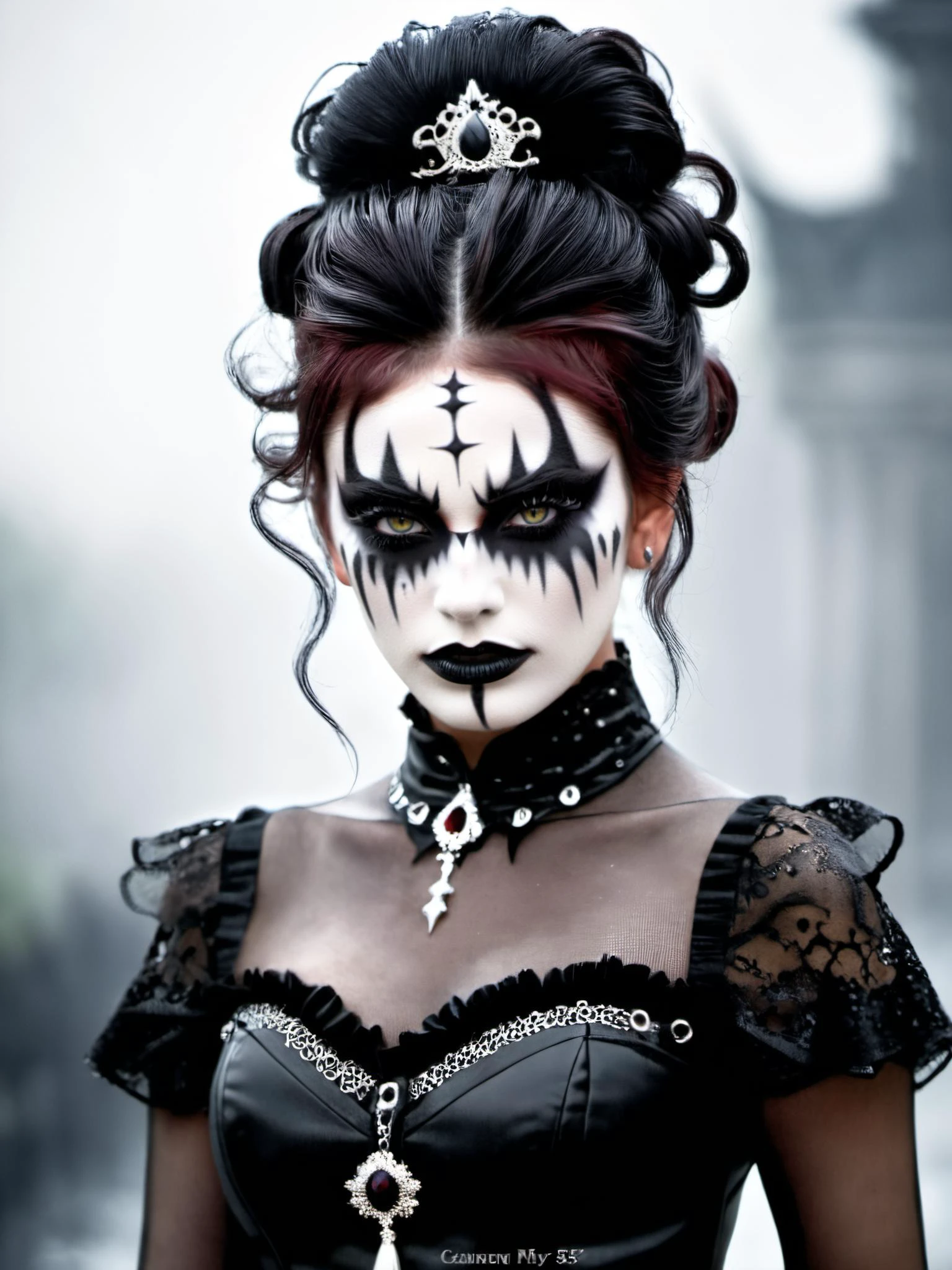 wide shot,standing in eerie haunted fog storm,with black and white makeup,trending on deviantart,gothic art,grotesque,PICTURE ON LEVELS,tan skin,marbled skin,ruffled upward hair,photorealistic,gothic,goths,dark and mysterious,dark background,dull:1)!,flowing,sharp focus,beautiful,epic composition,refined,sovereign,creative,winning,perfect,pretty,attractive,singular,romantic gothic,cinematic,complex,thought,extremely,focused,graceful,light,extremely coherent Photorealistic,realistic,Canon 5D Mark IV 85mm f/1.8,realistic eyes,detailed eyes,