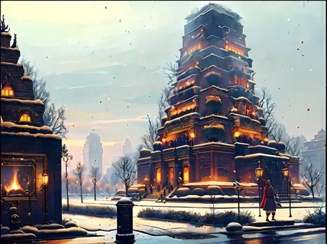 painting of a chinese temple in the snow with a person walking by