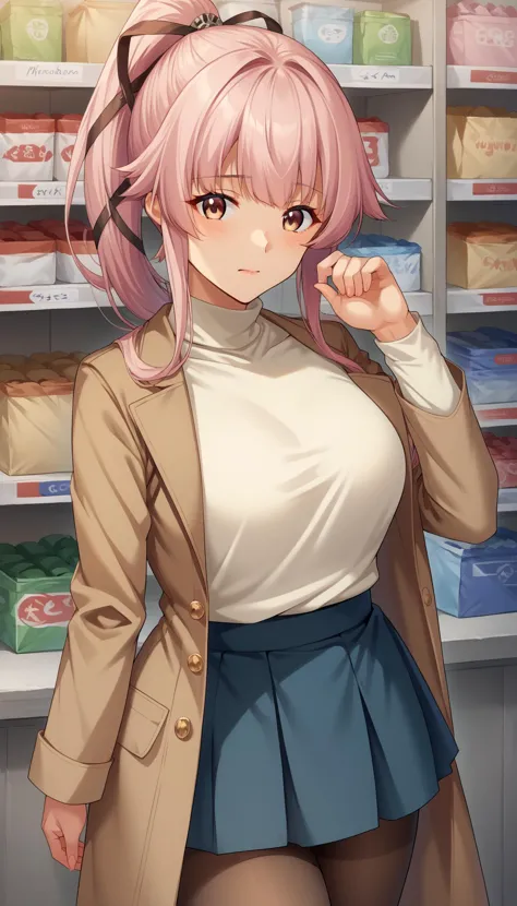 anime girl in a store with pink hair and a tan coat