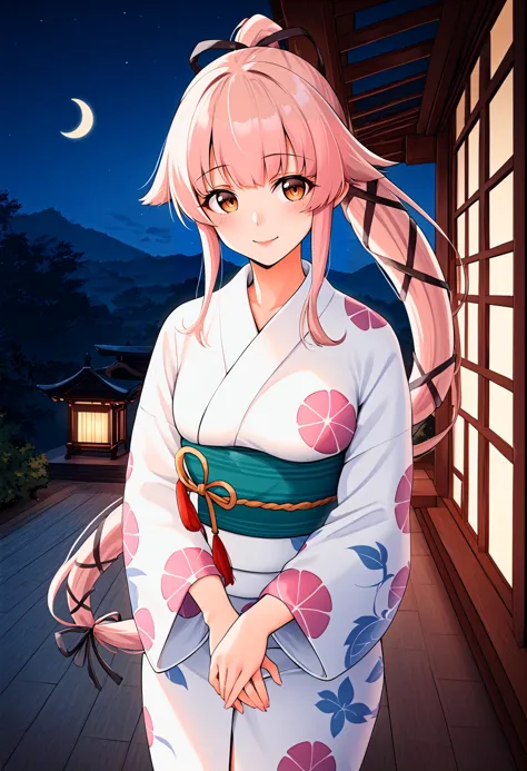 anime girl in kimono outfit standing in front of a window