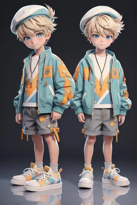 (1 boy:1.2), looking at viewer, hair between eyes, male focus,
 ((masterpiece)), blonde hair,
multiple details, handsome,full shot, shoes,full body,short hair,small sneakers, hat,shorts, jacket, standing,  colorful clothes,
beautiful eyes, smile, (introvert)
  detailed beautiful boy, adorable boy, 
ultra detailed eyes, ultra detailed face
 <lora:mn_20231017111645:1> mn