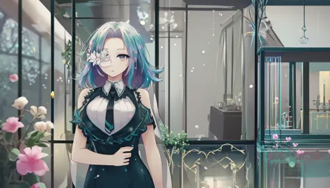 anime girl with blue hair and glasses standing in front of a building