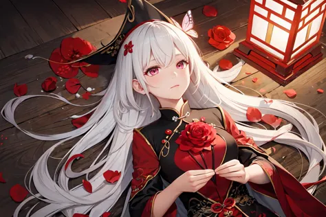 anime girl with long white hair and red rose petals