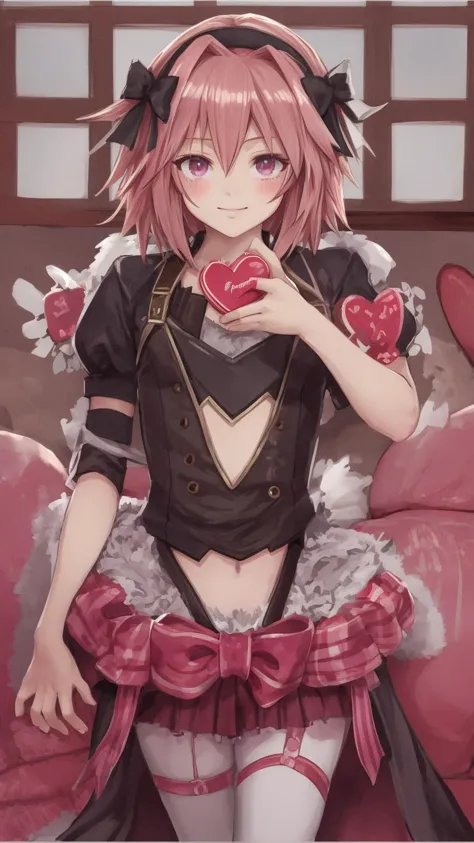 anime girl with pink hair and black dress holding a heart shaped lollipop