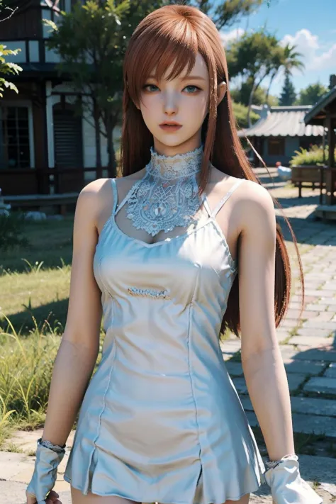 8k, RAW photo, best quality, masterpiece, ,looking at viewer,  orange hair, detailed eyes, long hair,  bangs,   <lora:Ryne_1.0:0.7> outdoors, white dress, upper body, knee boots, 
 <lora:koreanDollLikeness_v15:0.3>