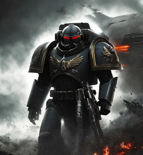 spacemarine <hypernet:spacemarine:1>, blac armor, dark atmosphere, battlefield, art