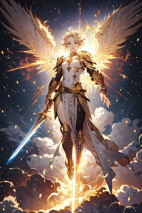 1girl,full body,angel,Super powerful flame angel flies out of the clouds,behind him is golden meteor magic surrounding his body,...