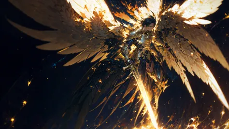 angel,Super powerful flame angel flies out of the clouds, behind him is golden meteor magic surrounding his body, Gothic style, ...