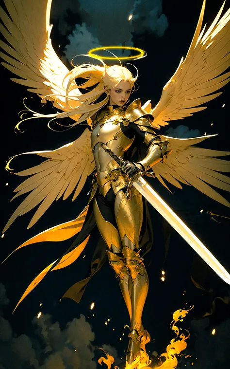 angel,Super powerful flame angel flies out of the clouds, behind him is golden meteor magic surrounding his body, Gothic style, gorgeous golden armor, huge flame great sword, rich background, sword art background, film shooting, depth of field, Super visual, Super visual ,
bare shouldersexposed abdomenFlamboyant armourAngel wings. Huge angel wings
<lora:angel_20230818185537:0.8> angel