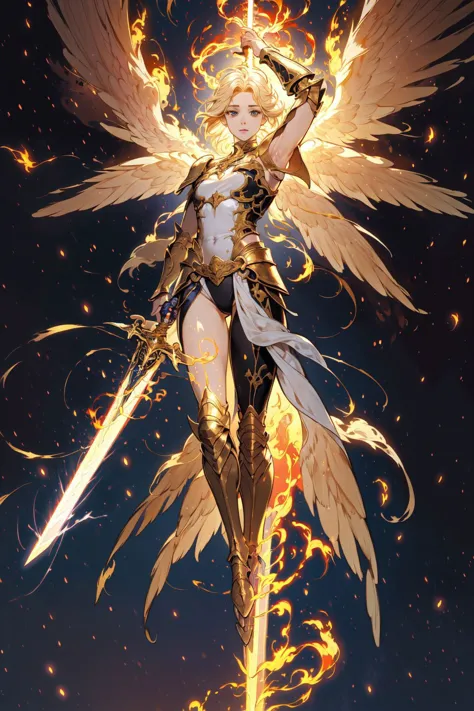 1girl,full body,angel,Super powerful flame angel flies out of the clouds,behind him is golden meteor magic surrounding his body,Gothic style,gorgeous golden armor,huge flame great sword,rich background,sword art background,depth of field,Super visual,
bare shoulder,sex,pose,abdomen Flamboyant armour,Angel wings,Huge angel wings,<lora:sword-angel:0.6>,<lora:thunder_model:0.6>,thunderstyle,style-swirlmagic,, (masterpiece, best quality, high quality, highres, ultra-detailed),