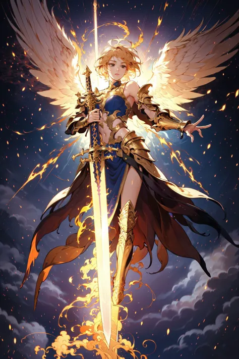 1girl,full body,angel,Super powerful flame angel flies out of the clouds,behind him is golden meteor magic surrounding his body,...