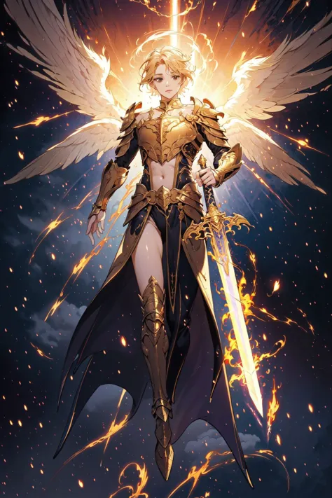1girl,full body,angel,Super powerful flame angel flies out of the clouds,behind him is golden meteor magic surrounding his body,...