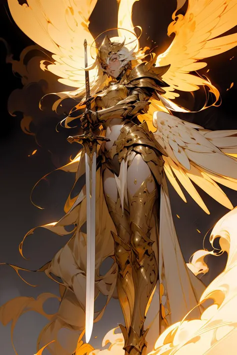 (hyperdetailed face:1.3),(dramatic, gritty, intense:1.4),masterpiece,best quality,4k,insane details,intricate details,hyper quality,high detail,ultra detailed,Realistic. Hyper-realisticSimple backgroundblack background,sky,cloudy sky,Gothic style,gorgeous golden armor,huge flame great sword,rich background,sword art background,film shooting,depth of field,Super visual,(shiny skin:1.4) Super powerful flame angel flies out of the clouds,1girl,glowing eyes,very long hair,floating hair,winged helmet,valkyrie,spread wings,torm clothes,(Slim body:1.3),(skinny legs:1.3),(long legs:1.1),exposed collarbone,exposed shouldersexposed abdomen huge weapon,greatsword,glowing sword,hands on hilt,polearm,metallic sheen,Golden metal,metallic,<lora:angel_20230818185537:0.8>,