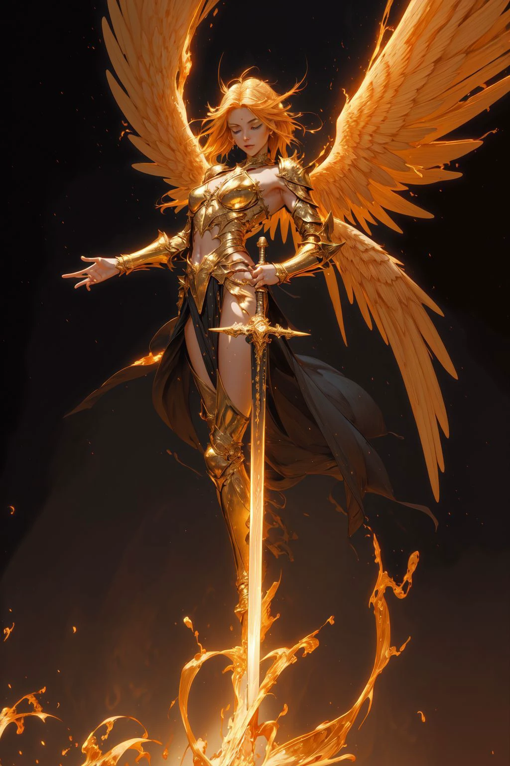 1girl,full body, angel,Super powerful flame angel flies out of the clouds,behind him is golden meteor magic surrounding his body,Gothic style,gorgeous golden armor,huge flame great sword,rich background,sword art background,depth of field,Super visual,
bare shoulder,sex,pose,abdomen Flamboyant armour,Angel wings,Huge angel wings,(masterpiece, best quality, high quality, highres, ultra-detailed),