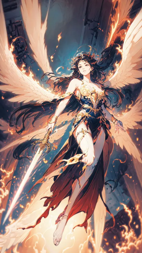 1girl,full body,angel,Super powerful flame angel flies out of the clouds,behind him is golden meteor magic surrounding his body,...