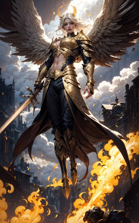 angel,Super powerful flame angel flies out of the clouds, behind him is golden meteor magic surrounding his body, Gothic style, ...