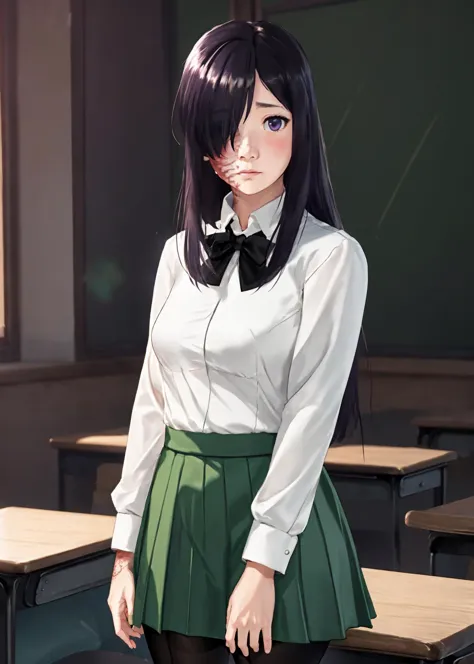 anime girl in a school uniform standing in front of a desk