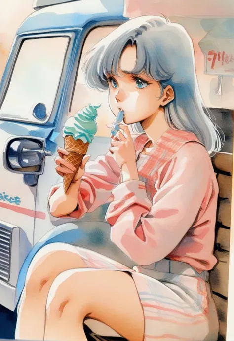 Closeup. 1girl,  bored expression, eating ice cream cone, sitting beside an ice cream truck, masterpiece, the best quality, very...