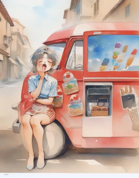 1girl,  bored expression, yawning,  sitting beside an ice cream truck, masterpiece, the best quality, very aesthetic, absurdres ...