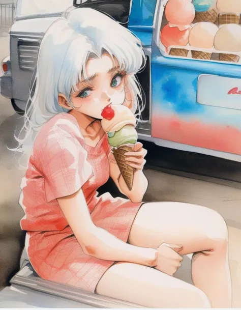 Closeup. 1girl,  bored expression, licking ice cream cone, sitting beside an ice cream truck, masterpiece, the best quality, ver...