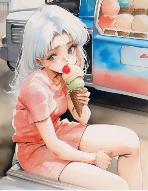 anime girl eating ice cream cone sitting on the ground next to a van