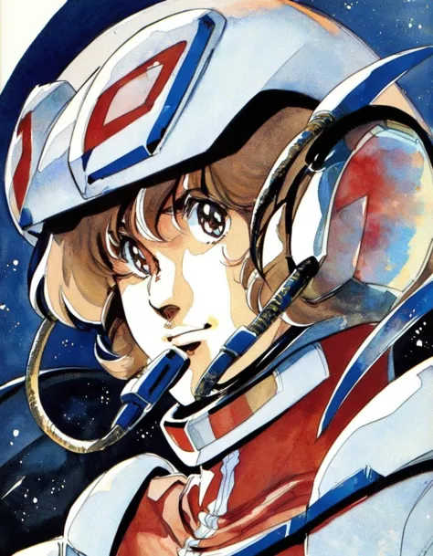 Allein, 1 Junge, Hikaru Ichijio, Macross Pilotenanzug, Helm, weißer Hintergrund, unordentliches braunes Haar, Cockpit Traditionelle Medien, retro artstyle, Stil der 1980er Jahre, Aquarell