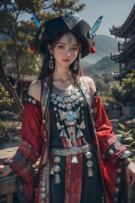 masterpiece, best quality, 8k, side lighting, cowboy shot, Miao hat, Hair tie, (1girl:1.3), (looking at viewer:1.3), long hair, clavicle, (jewelry:1.3), bracelet, long sleeves, tattoo, particles, butterfly, outdoors, chinese ancient architecture, tree, <lo...