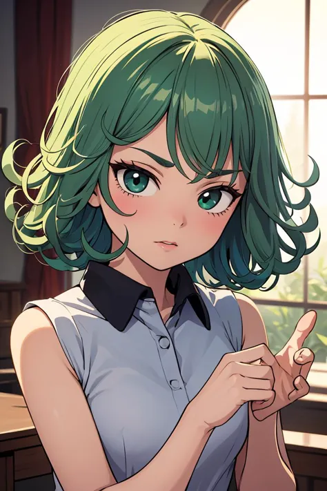 anime girl with green hair pointing at something in front of her