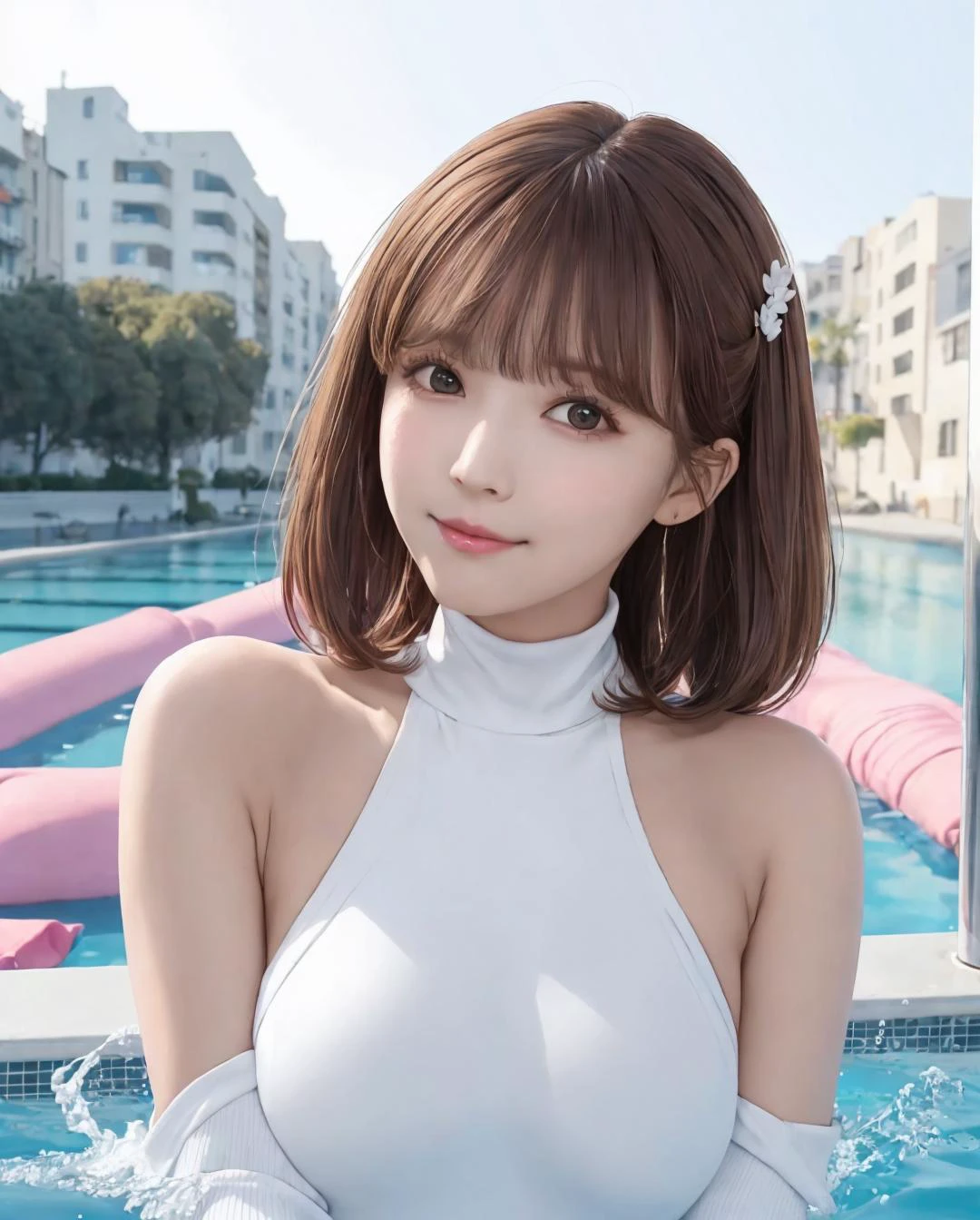 pureerosface_v1, best quality, photorealistic, 8k, high res, 1girl, woman, (skindentation), (portrait:0.6), gorgeous, dynamicpose, ((poolsidebackground:1.6)), coconut tree, ((mediumsize roundbreast, white highnecksweater:1.4)), straight-looking at viewer:1.8, (1girl eyes looking at viewer, medium-length hair,  brownhair, partedbangs:1.65), (bokeh), smile:1.2, (closed mouth:1.16), 