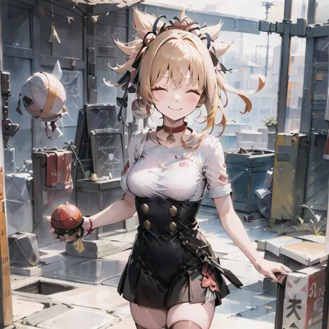 masterpiece, best quality, 1girl, solo,absurdres, (white wedding dress), blonde hair, bangs, hair ornament, highres, highly detailed background, blue sky, looking at viewer, medium breasts, tight shirt, hair ornaments, (black thighhighs:1.2), yoimiya \(genshin impact\), closed eyes, smiling