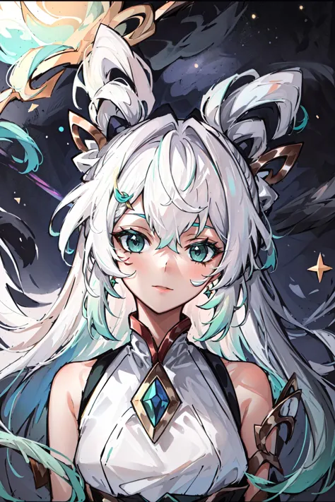 best quality, intricate details,
1girl, <lora:MythmakerIrelia:0.8>multicolored hair, hair ornament, facial mark, (white hair:1.2), green eyes, bangs, jewelry, gradient hair,
nebula background, space, stars, planets, darkness,
 <lora:leagueOfLegends_v02:0.6>