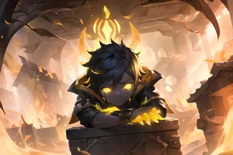 league of legends, lol, splash art,
kid, black skin, short black hair, crying, inside a burning house, sad, (yellow glowing eyes...