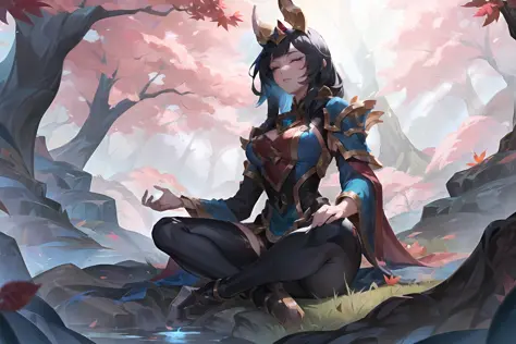 league of legends, lol, splash art,
autumn forest with tall trees, leaves floting in the foreground, long black hair, blunt bang...