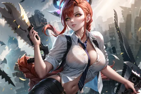 league of legends, lol, splash art, (multiple guns:1.3) floating at background, (chainsaw man:1.3) background, 1girl, bangs, between breasts, black necktie, braid, braided ponytail, chain, cleavage, closed mouth, collared shirt, golden halo, large breasts,...