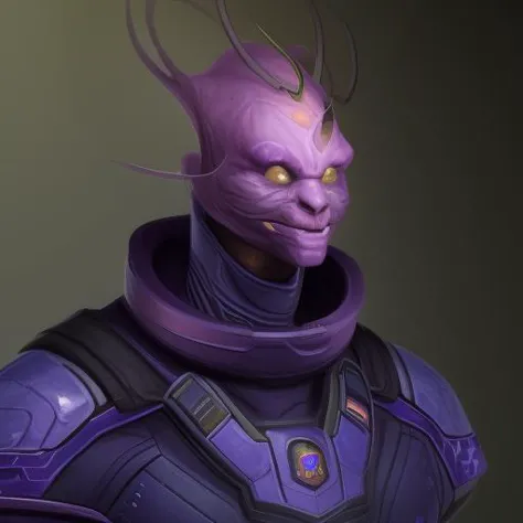 a close up of a purple alien with a purple helmet