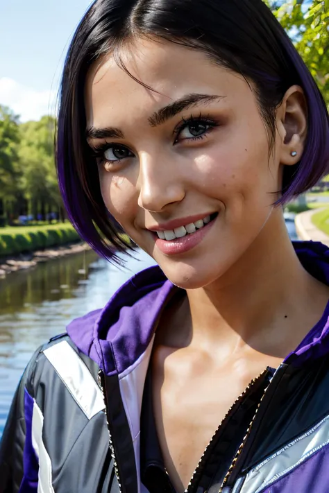Reina, brown eyes, short black hair, two-tone hair,black and purple jacket, looking at viewer, smiling, close up, outside, trees...