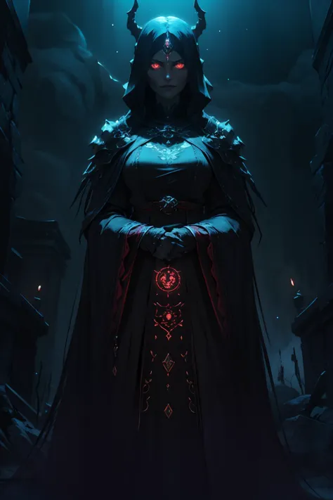 a woman in a dark cloak and red eyes stands in a dark alley