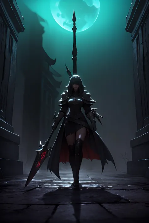 a woman in armor standing in a dark alley with a sword