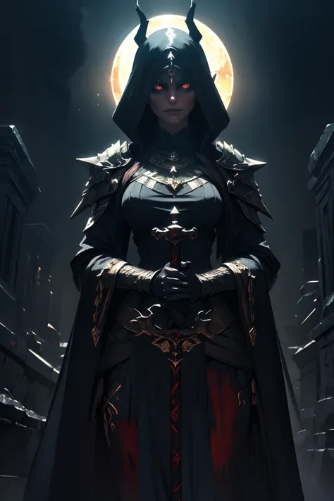 a woman in a black cloak and red eyes stands in front of a full moon