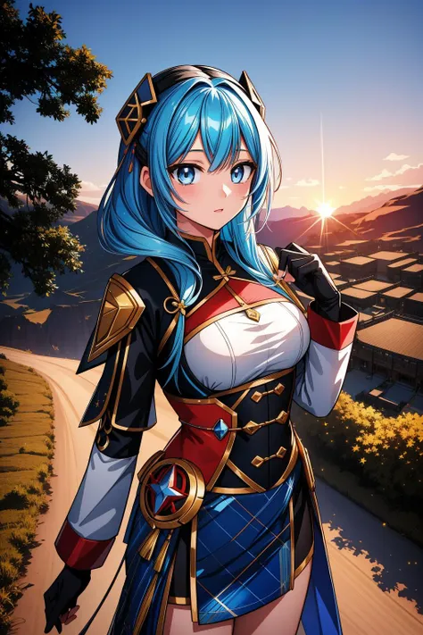 a woman with blue hair and a blue dress is standing in the middle of a road