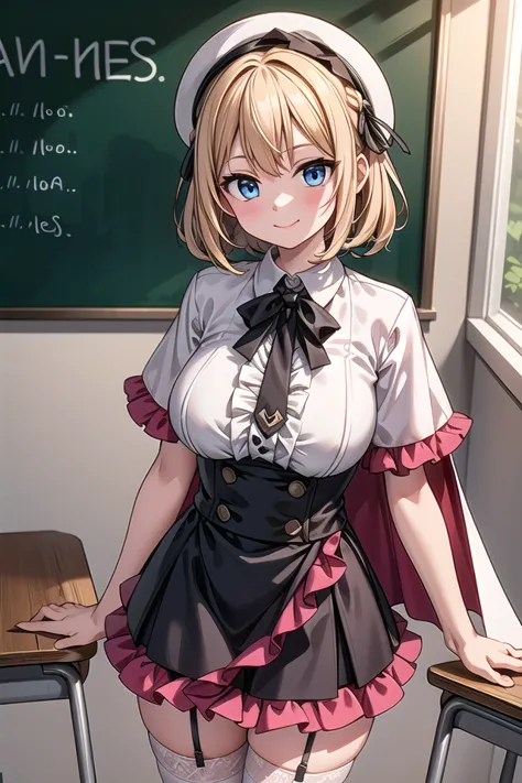 anime girl in a school uniform standing in front of a blackboard