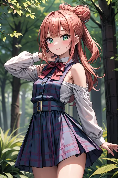 a woman in a school uniform posing in a forest