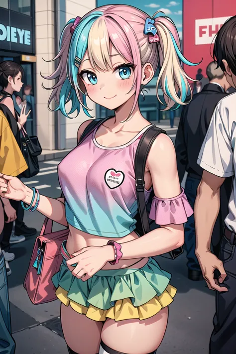 anime girl with blue eyes and pink hair standing in a crowded street