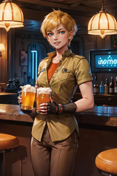 a woman in a uniform holding two beer glasses in a bar