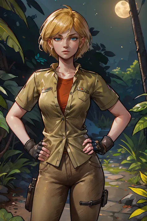 a woman in a safari outfit standing in a jungle