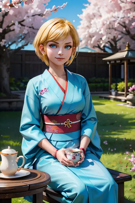 a woman in a blue kimono sitting on a bench with a tea pot